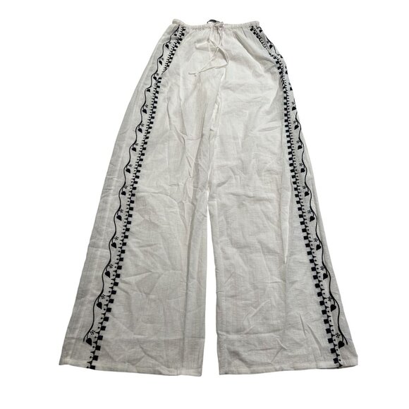 Venroy Wide Leg Side Embroidery Pants in White - Picture 1 of 3